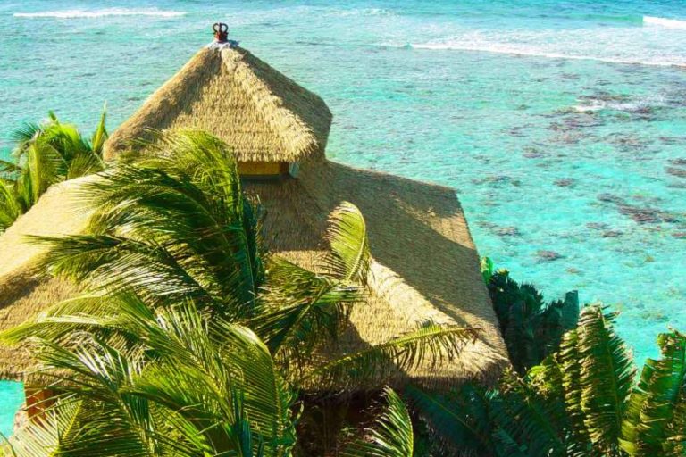 engineered thatch on a coastal building that is well maintained
