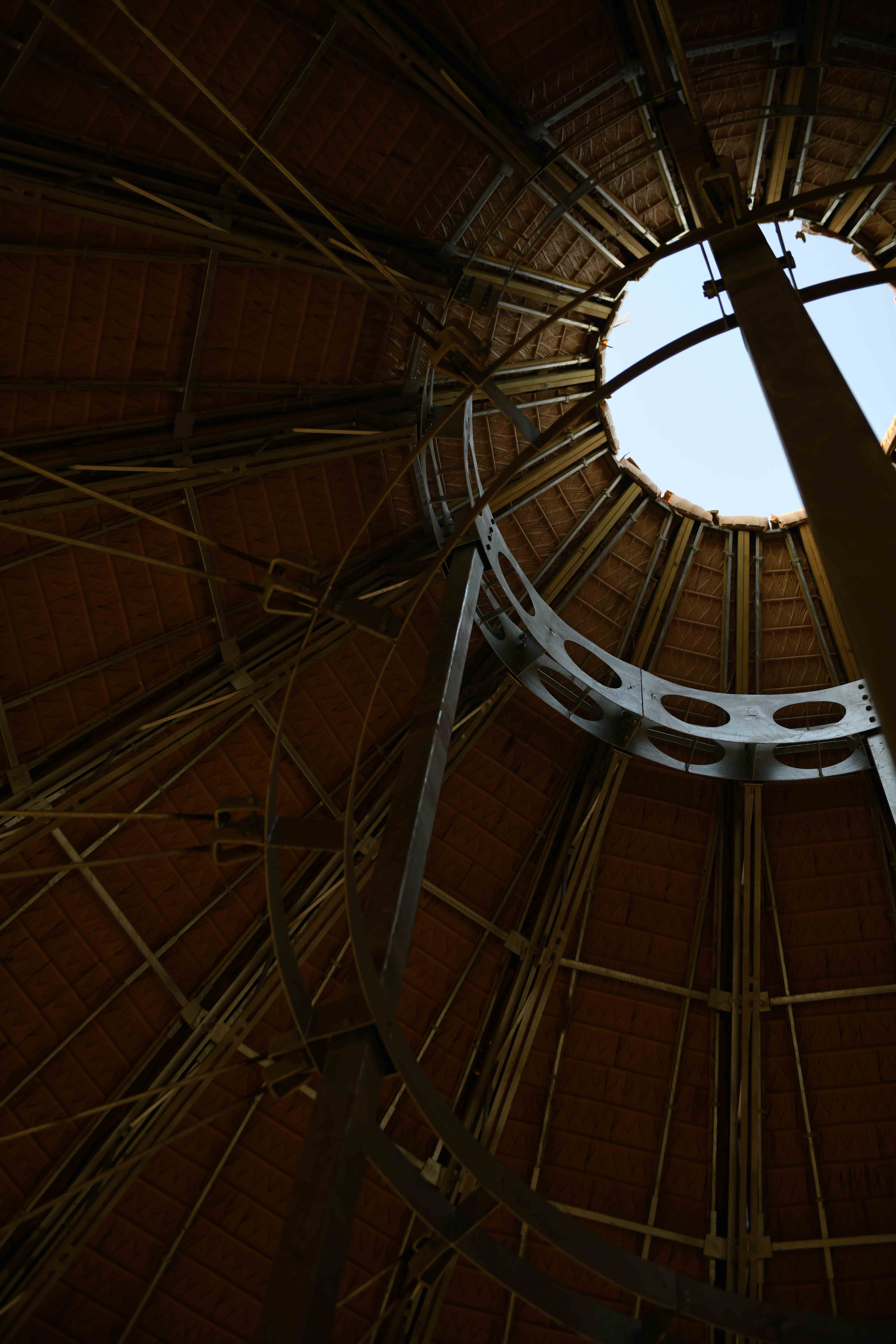 Santa Rosa Round House open air roof native american roundhouse Milton, Florida upward shot from within structure