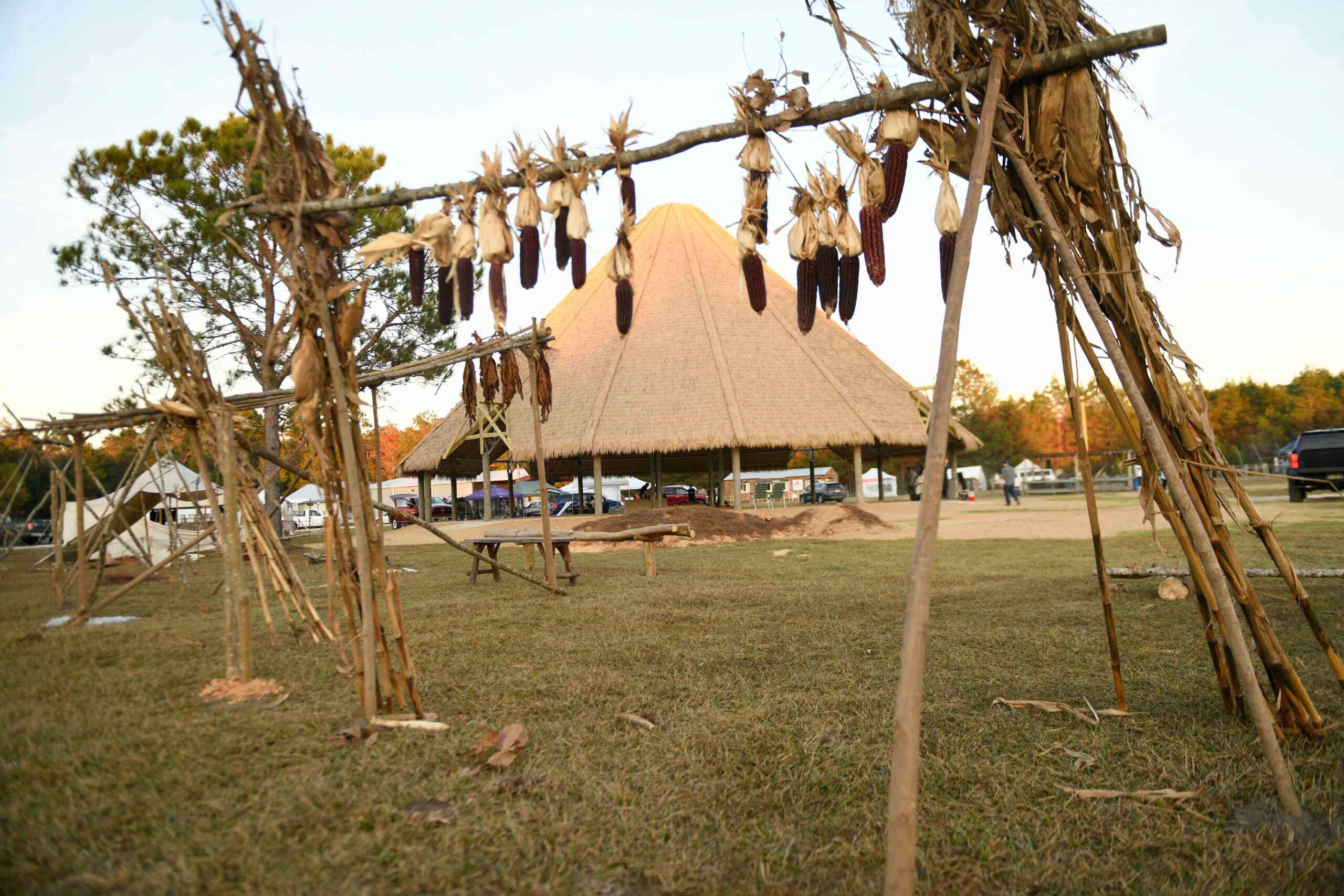 Santa Rosa Round House with engineered thatch and tribal feathers in the foreground
