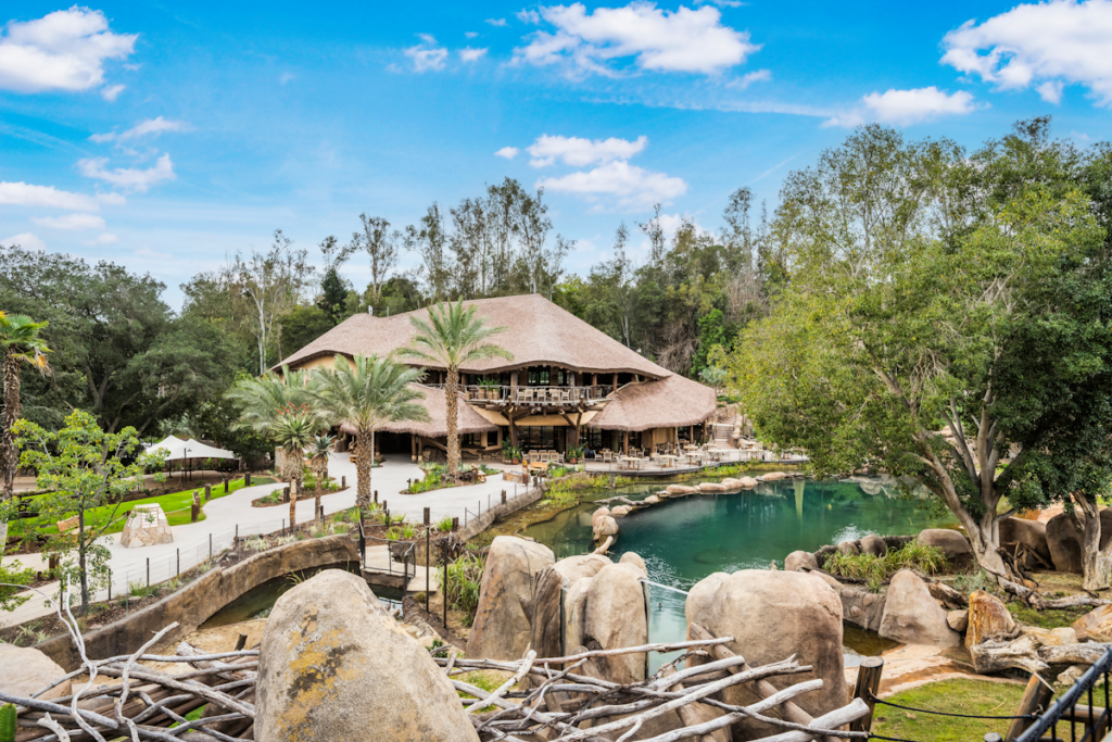 Large-scale engineered thatch roof on Elephant Valley lodge at San Diego Safari Park, Endureed synthetic thatch used in major zoo architecture project with multi-section hip roof design