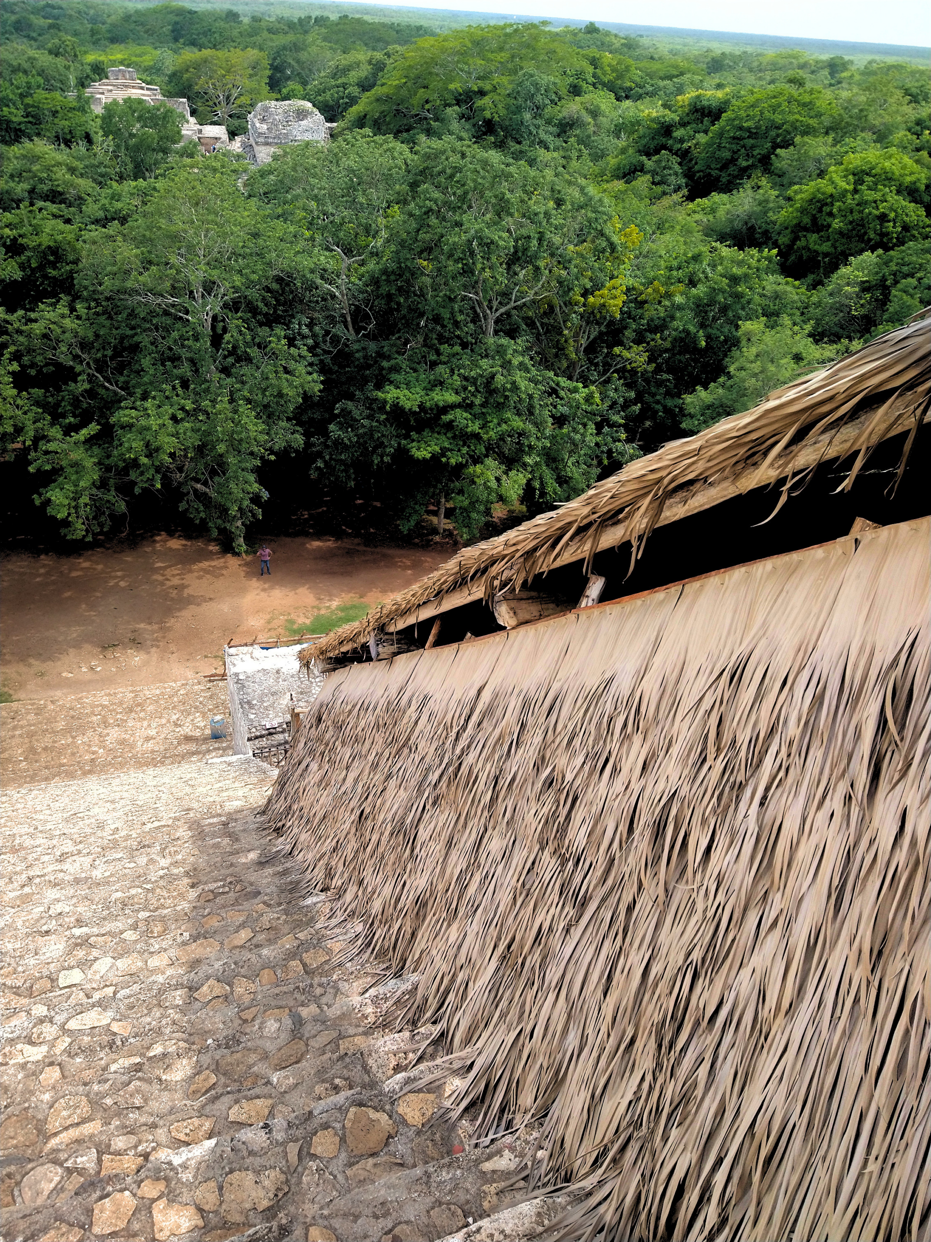 Bird's eye view of Endureed Performance Weathered Palm synthetic thatch roof slope at Ek Balam Mayan ruins Yucatan &mdash; engineered thatch cascading down pyramid structure with panoramic jungle canopy and distant temple ruins