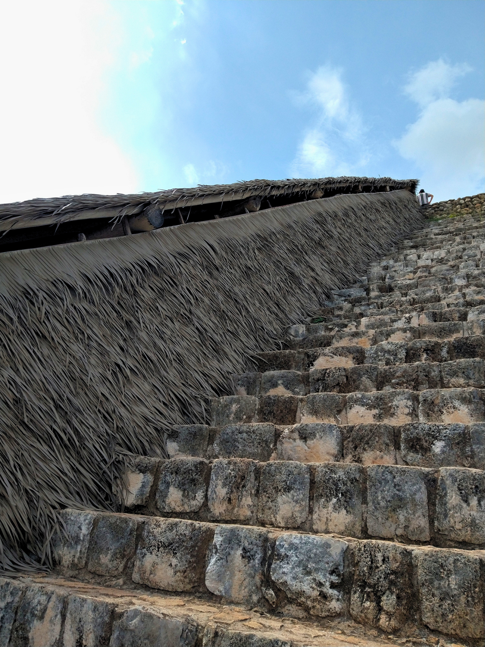 Low-angle view looking up Ek Balam pyramid staircase alongside Endureed Performance Weathered Palm synthetic thatch roof &mdash; layered engineered palm frond panels cascading down ancient Mayan stone steps in Yucatan Mexico