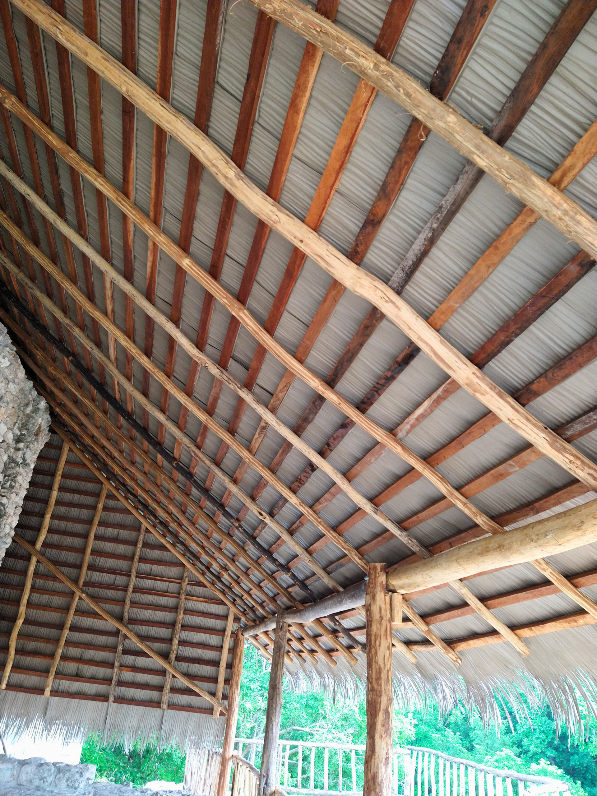Interior structural view of Endureed Performance Weathered Palm synthetic thatch underside at Ek Balam archaeological site &mdash; wood rafter and purlin framework supporting engineered thatch panels with open-air jungle views below