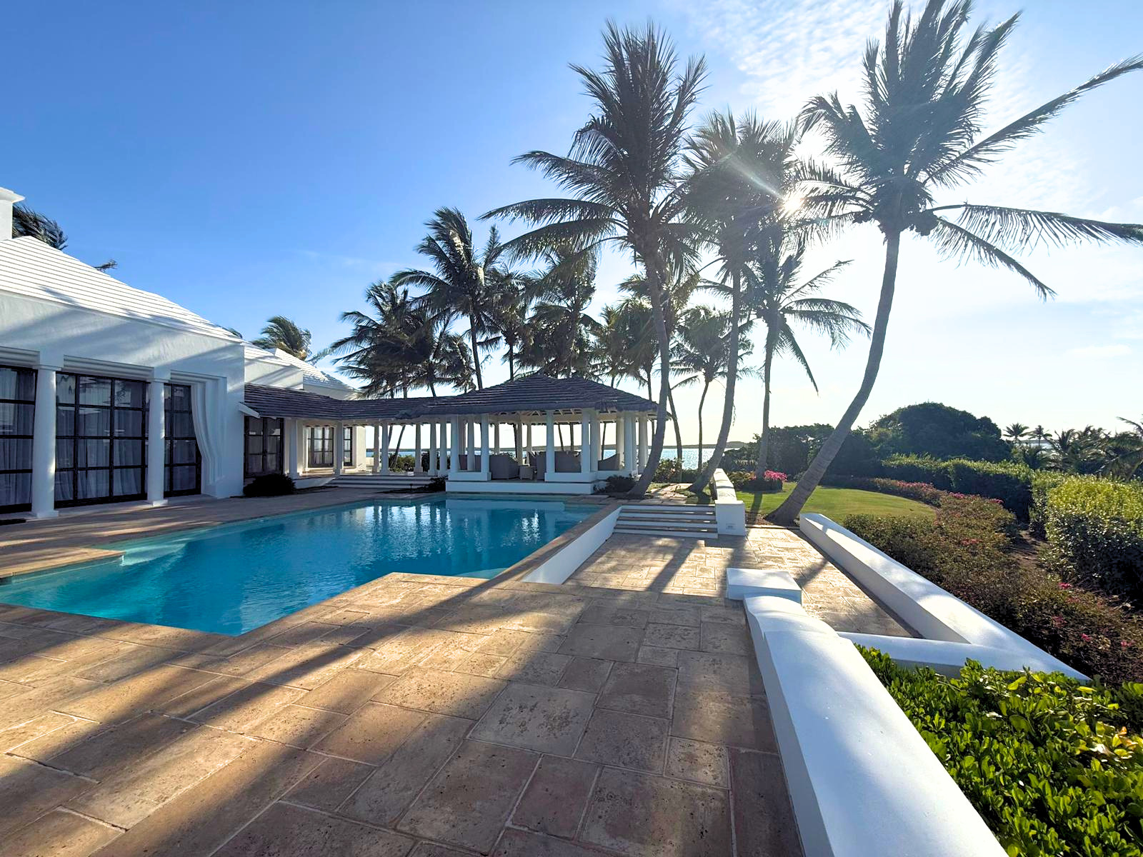 Endureed Kilimanjaro synthetic thatch roofing on luxury oceanfront pavilion with pool, Goat Cay Bahamas private estate