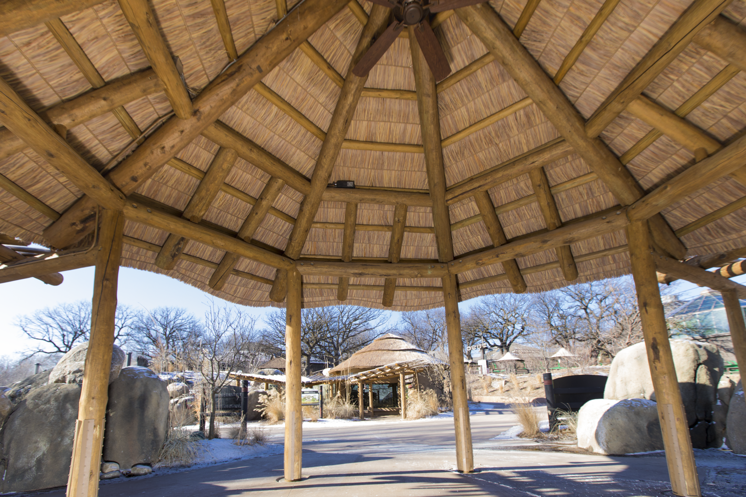Detail of Endureed Premium Capetown engineered thatch panels at Omaha Zoo in winter, showing durability in freezing conditions