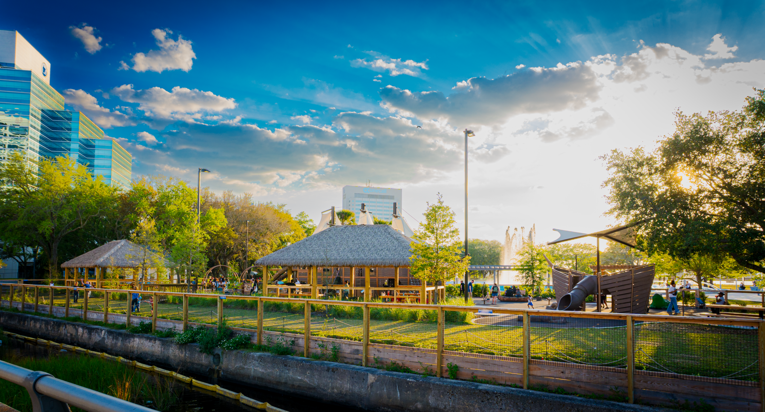 Endureed Performance Weathered Palm synthetic thatch shade structure Friendship Fountain Jacksonville Florida landmark ship playground