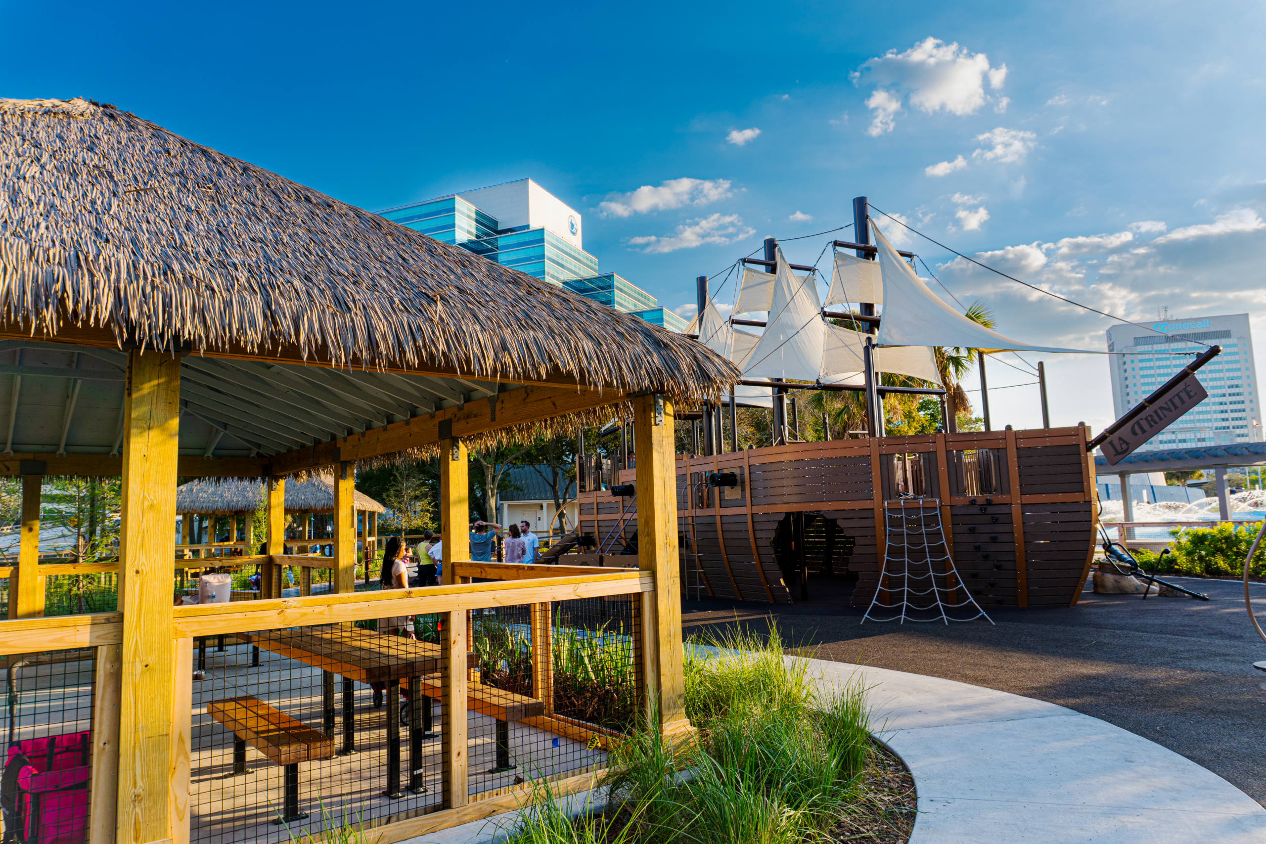 Engineered thatch shade structure ship Friendship Fountain Jacksonville FL public park