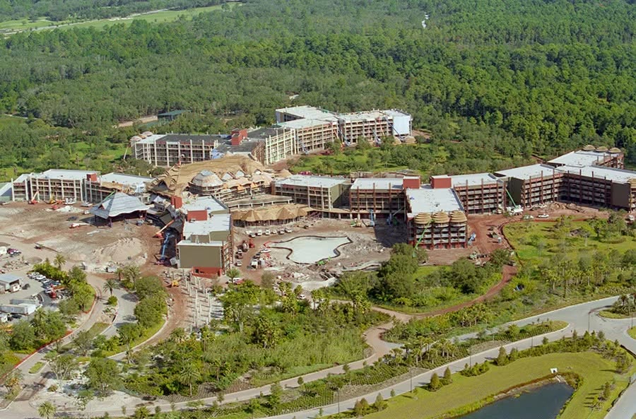 Disney Big Construction Project Wide Overhead Drone Shot Establishing Animal Kingdom Lodge