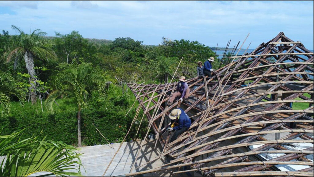 Bamboo roof lattice under construction at Casa Loro in 2018, showing the woven bamboo framing that later held Endureed engineered thatch on the Pacific coast in Pedasi, Panama
