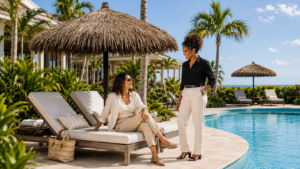 Hotel resort wide shot two women interact under endureed palm umbrellla kit