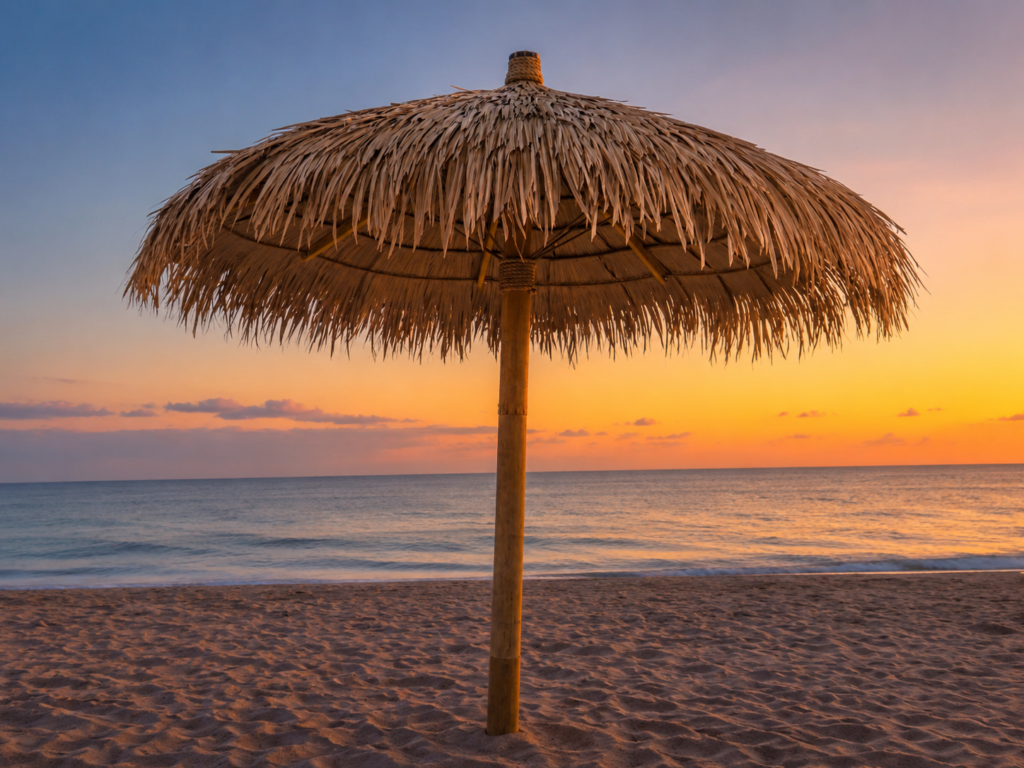 Tiki Top Umbrella Wide Shot on beach full umbrella kit.